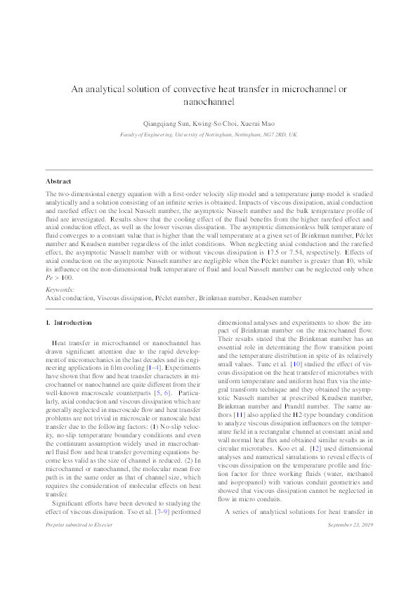 An analytical solution of convective heat transfer in microchannel or nanochannel Thumbnail