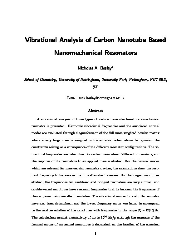 Vibrational Analysis of Carbon Nanotube Based Nanomechanical Resonators Thumbnail