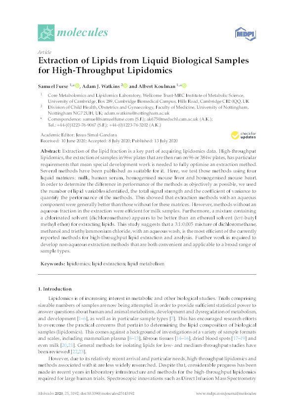 Extraction of Lipids from Liquid Biological Samples for High-Throughput Lipidomics Thumbnail