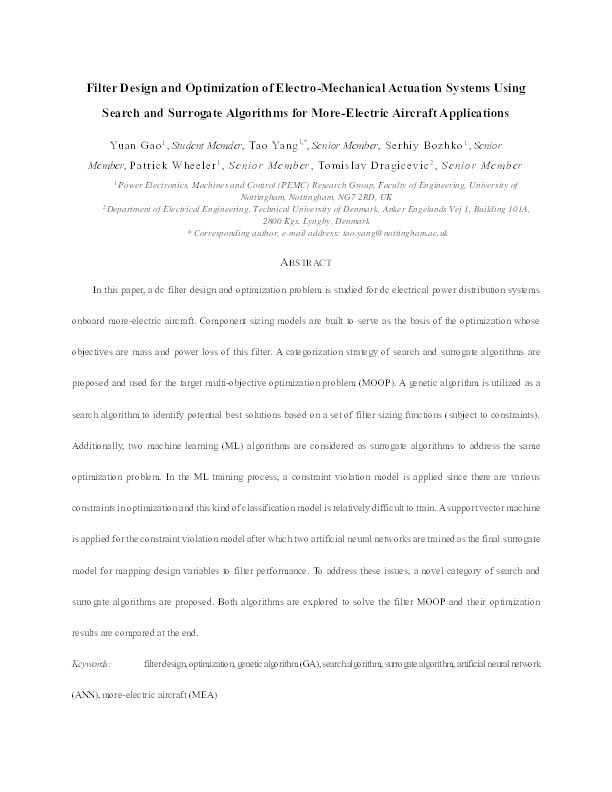 Filter Design and Optimization of Electromechanical Actuation Systems Using Search and Surrogate Algorithms for More-Electric Aircraft Applications Thumbnail