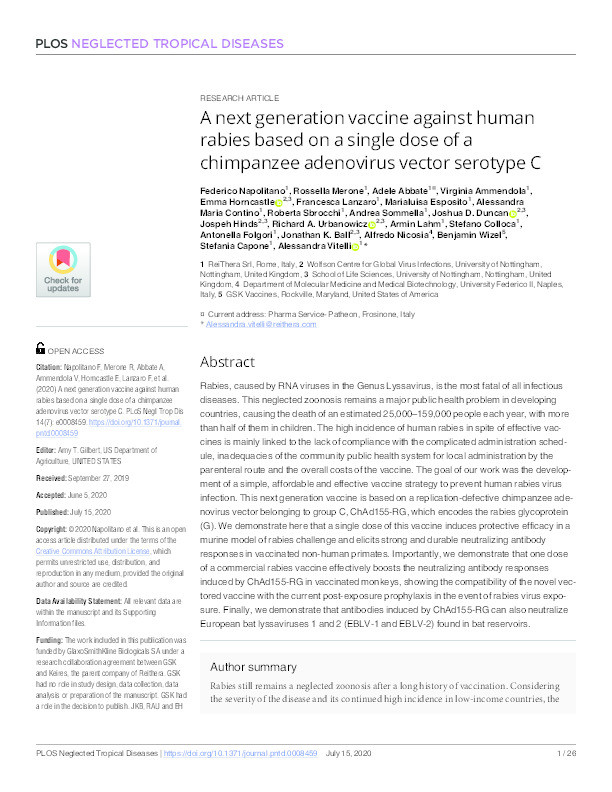A next generation vaccine against human rabies based on a single dose of a chimpanzee adenovirus vector serotype C Thumbnail