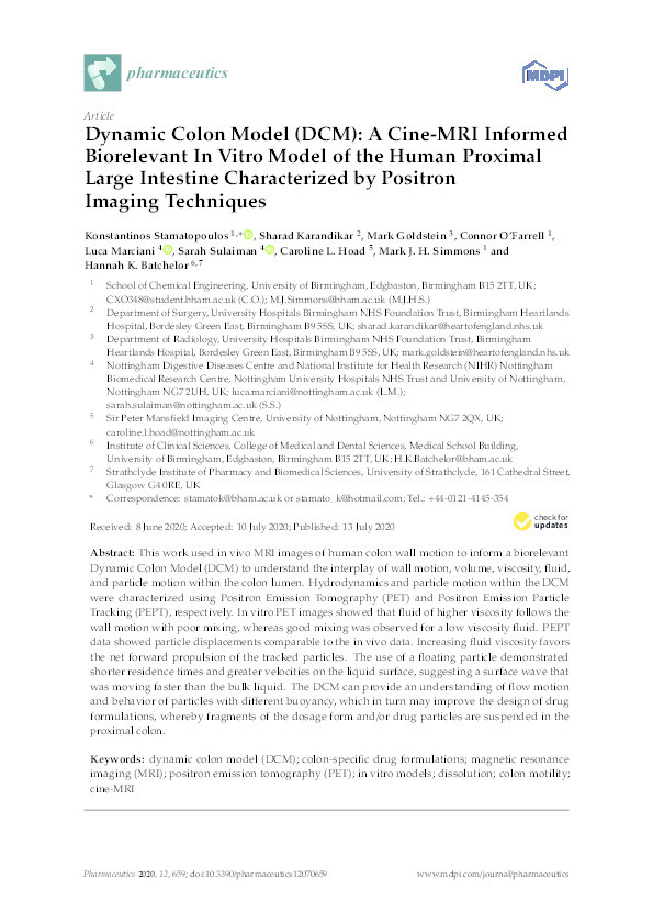 Dynamic Colon Model (DCM): A Cine-MRI Informed Biorelevant In Vitro Model of the Human Proximal Large Intestine Characterized by Positron Imaging Techniques Thumbnail