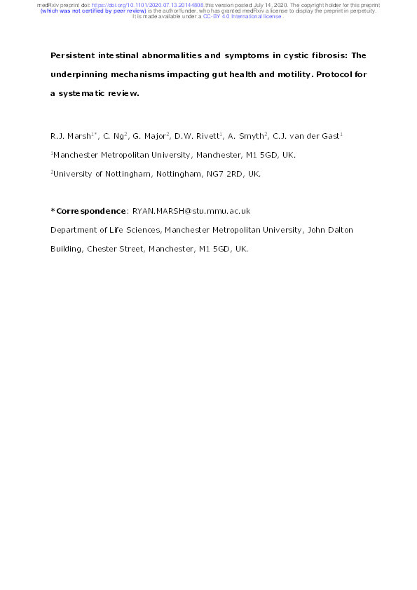 Persistent intestinal abnormalities and symptoms in cystic fibrosis: The underpinning mechanisms impacting gut health and motility. Protocol for a systematic review. Thumbnail