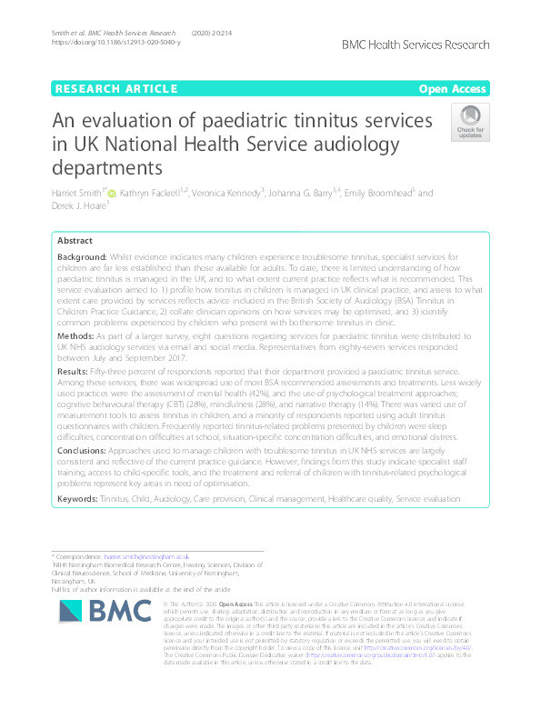 An evaluation of paediatric tinnitus services in UK National Health Service audiology departments Thumbnail