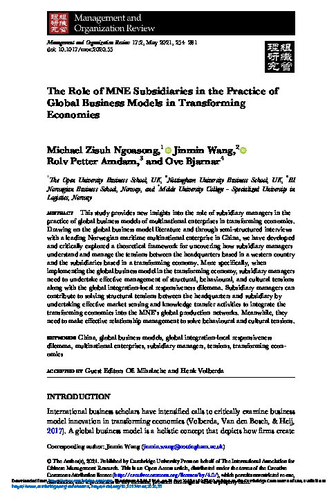 The Role of MNE Subsidiaries in the Practice of Global Business Models in Transforming Economies Thumbnail