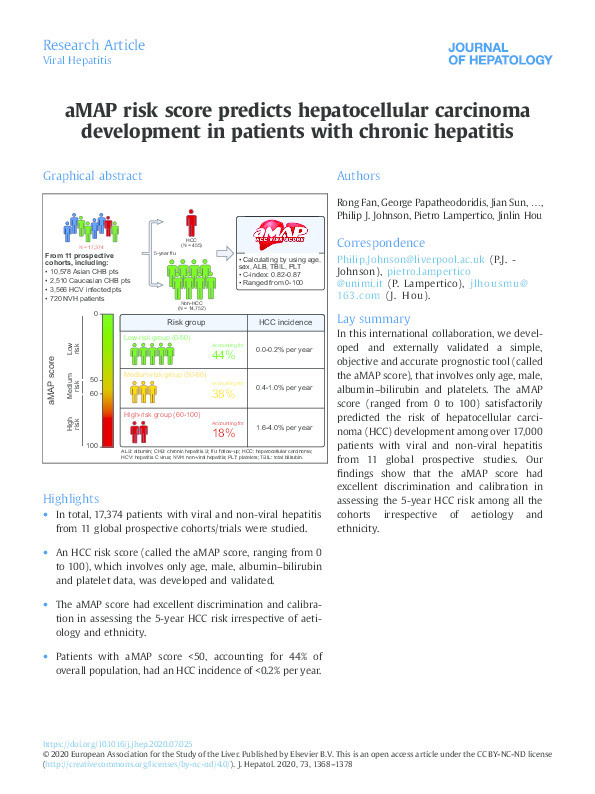 aMAP risk score predicts hepatocellular carcinoma development in patients with chronic hepatitis Thumbnail