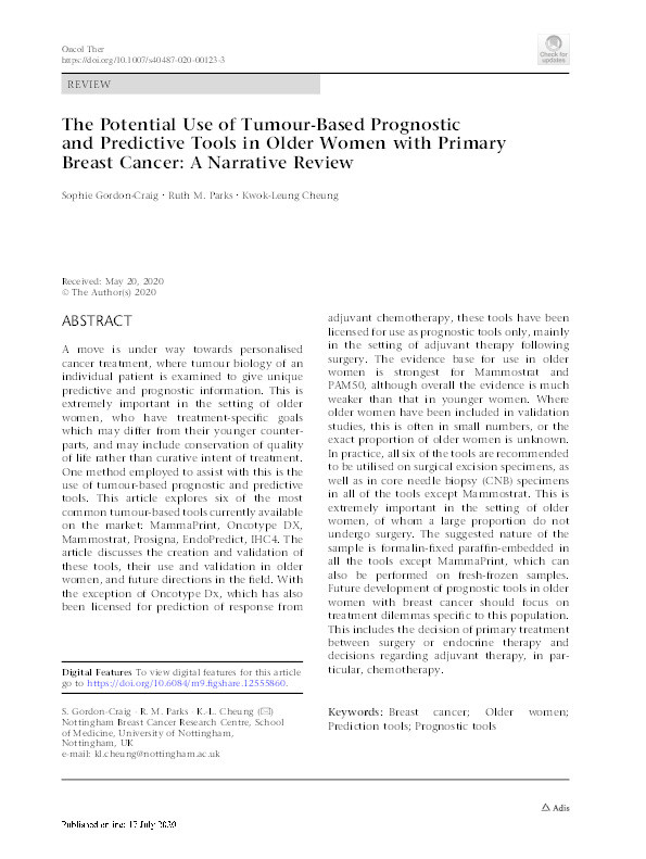 The Potential Use of Tumour-Based Prognostic and Predictive Tools in Older Women with Primary Breast Cancer: A Narrative Review Thumbnail