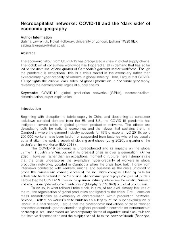 Necrocapitalist networks: COVID-19 and the ‘dark side’ of economic geography Thumbnail