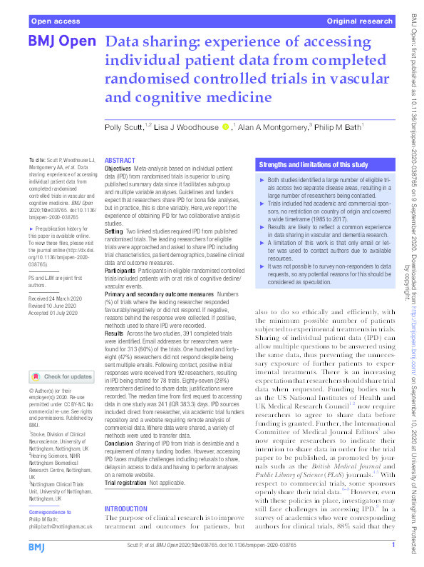 Data sharing: experience of accessing individual patient data from completed randomised controlled trials in vascular and cognitive medicine Thumbnail