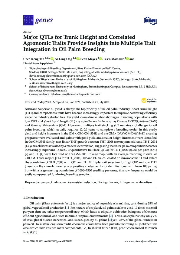 Major qtls for trunk height and correlated agronomic traits provide insights into multiple trait integration in oil palm breeding Thumbnail