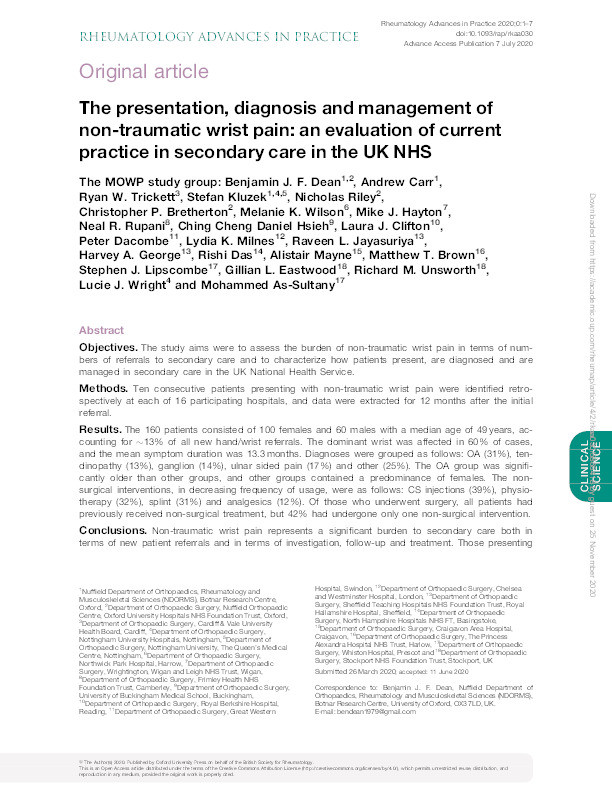 The presentation, diagnosis and management of non-traumatic wrist pain: an evaluation of current practice in secondary care in the UK NHS Thumbnail