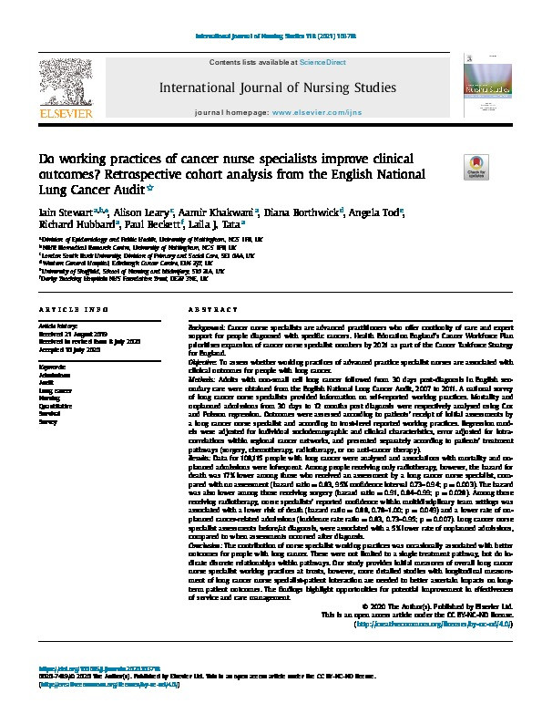 Do working practices of cancer nurse specialists improve clinical outcomes? Retrospective cohort analysis from the English National Lung Cancer Audit Thumbnail