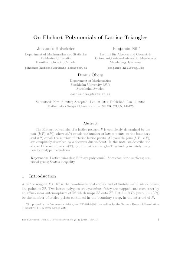 On Ehrhart Polynomials of Lattice Triangles Thumbnail