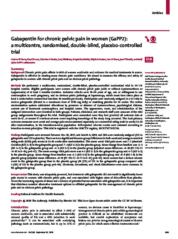Gabapentin for chronic pelvic pain in women (GaPP2): a multicentre, randomised, double-blind, placebo-controlled trial Thumbnail