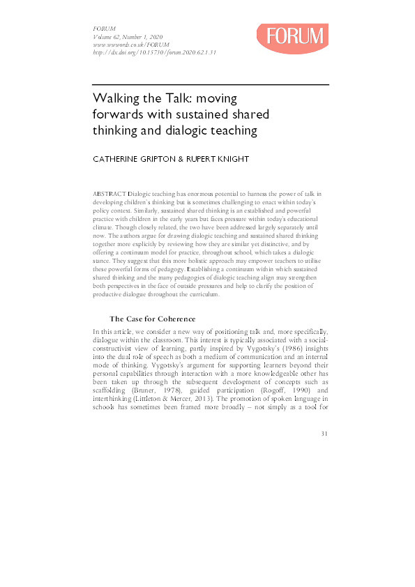 Walking the Talk: moving forwards with sustained shared thinking and dialogic teaching Thumbnail