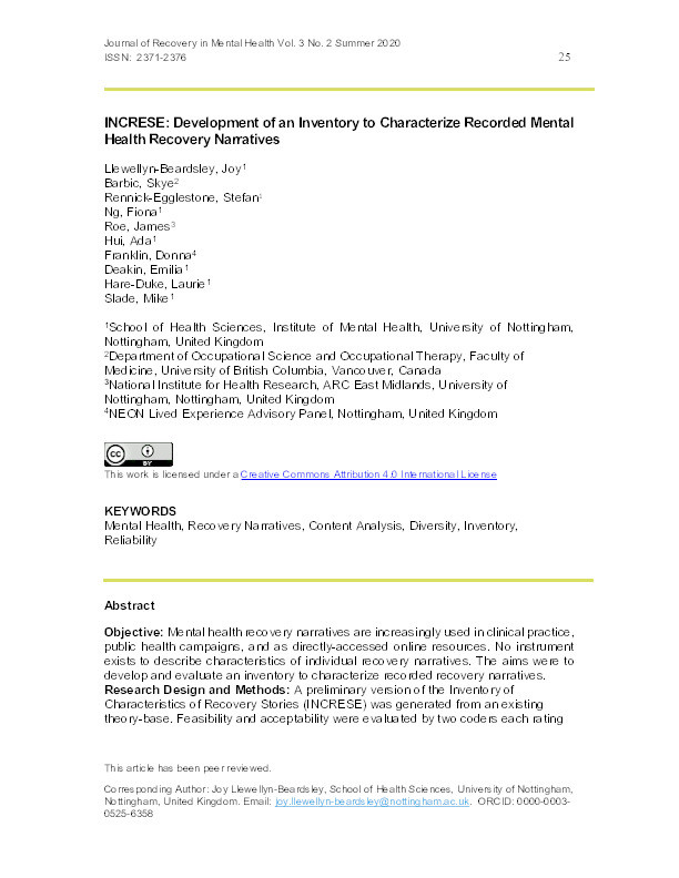 INCRESE: Development of an Inventory to Characterize Recorded Mental Health Recovery Narratives Thumbnail