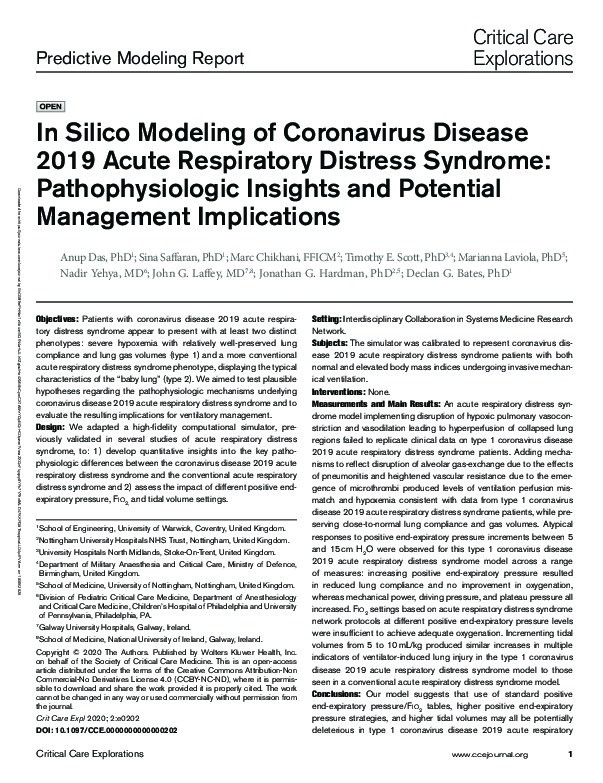 In Silico Modeling of Coronavirus Disease 2019 Acute Respiratory Distress Syndrome: Pathophysiologic Insights and Potential Management Implications Thumbnail