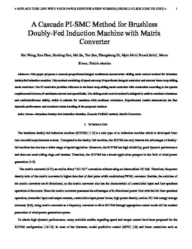 A Cascade PI-SMC Method for Brushless Doubly-Fed Induction Machine with Matrix Converter Thumbnail
