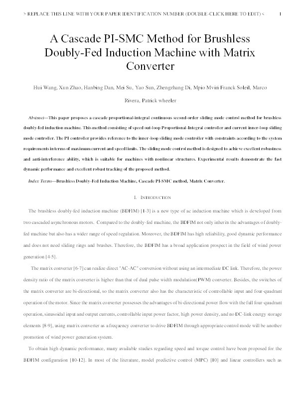A Cascade PI-SMC Method for Brushless Doubly-Fed Induction Machine with Matrix Converter Thumbnail