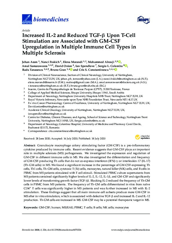 Increased IL-2 and reduced tgf-? upon t-cell stimulation are associated with GM-CSF upregulation in multiple immune cell types in multiple sclerosis Thumbnail