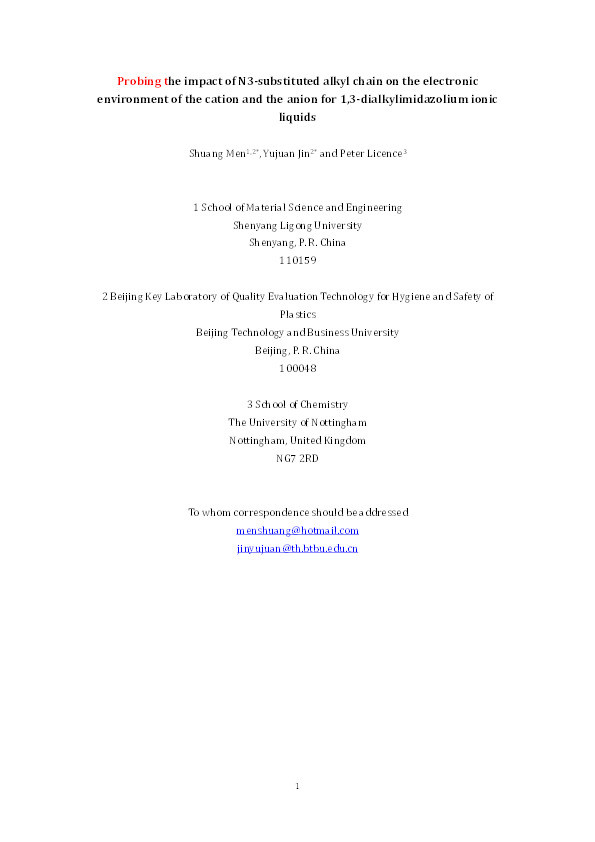 Probing the impact of the N3-substituted alkyl chain on the electronic environment of the cation and the anion for 1,3-dialkylimidazolium ionic liquids Thumbnail