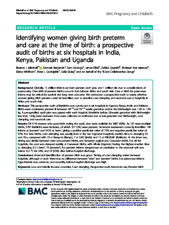 Identifying women giving birth preterm and care at the time of birth: a prospective audit of births at six hospitals in India, Kenya, Pakistan and Uganda Thumbnail