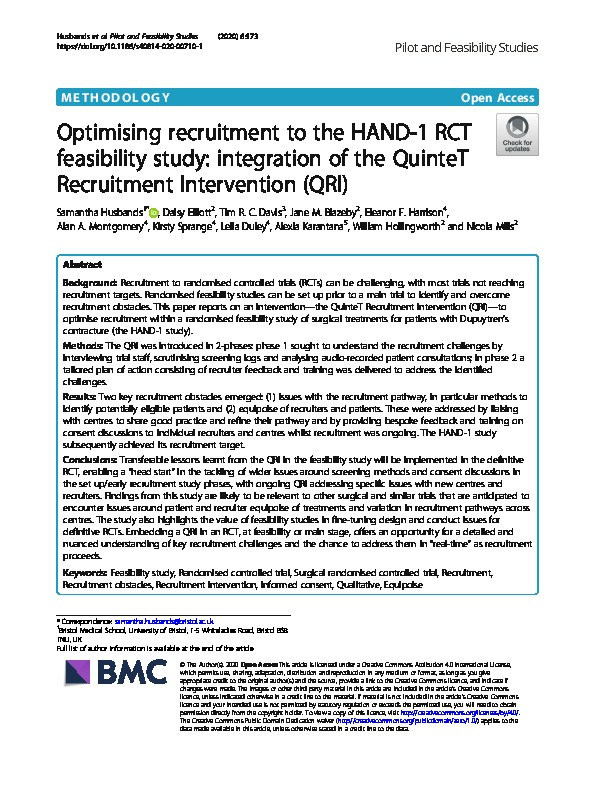 Optimising recruitment to the HAND-1 RCT feasibility study: integration of the QuinteT Recruitment Intervention (QRI) Thumbnail