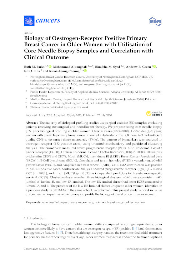 Biology of oestrogen-receptor positive primary of core needle biopsy samples and correlation with clinical outcome Thumbnail