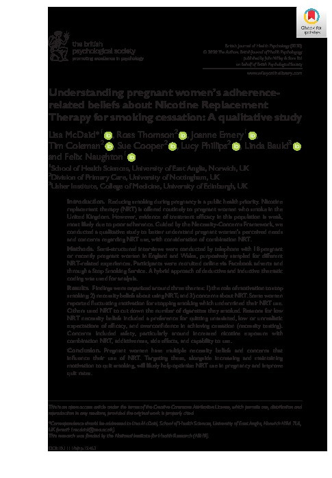 Understanding pregnant women’s adherence‐related beliefs about Nicotine Replacement Therapy for smoking cessation: A qualitative study Thumbnail