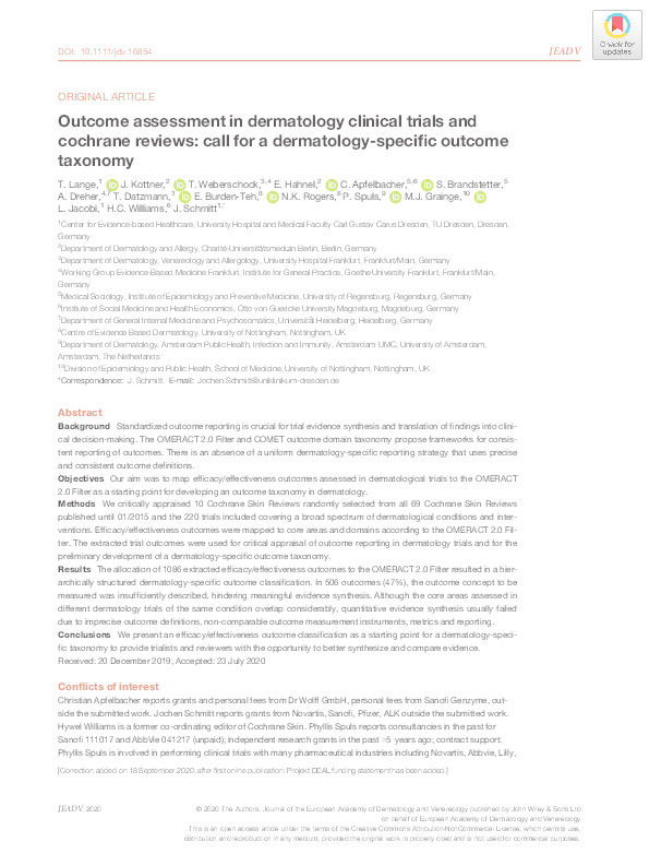 Outcome assessment in dermatology clinical trials and cochrane reviews: call for a dermatology‐specific outcome taxonomy Thumbnail