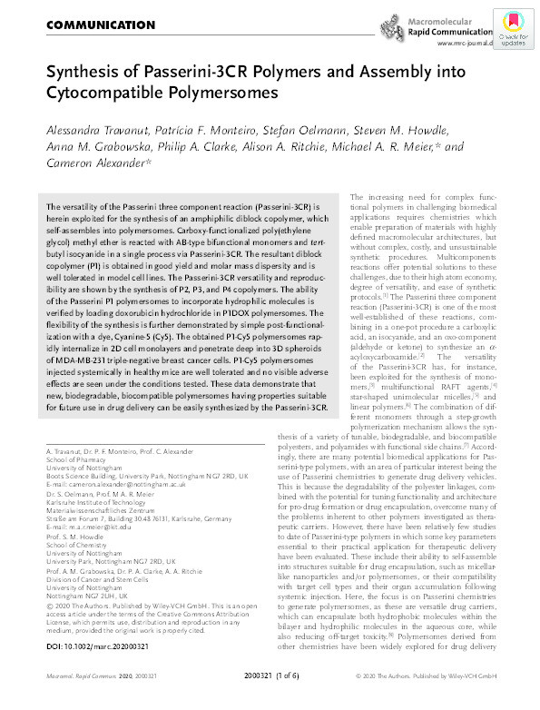 Synthesis of Passerini-3CR Polymers and Assembly into Cytocompatible Polymersomes Thumbnail