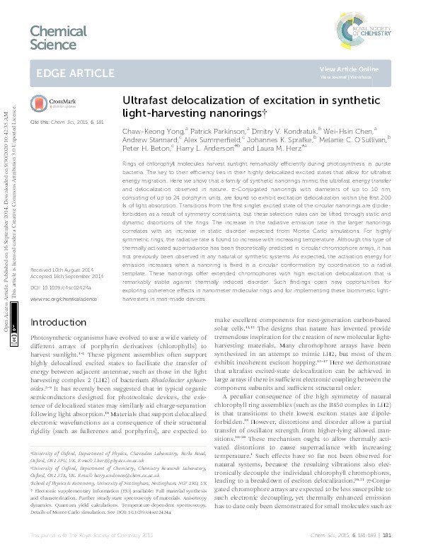 Ultrafast delocalization of excitation in synthetic light-harvesting nanorings Thumbnail