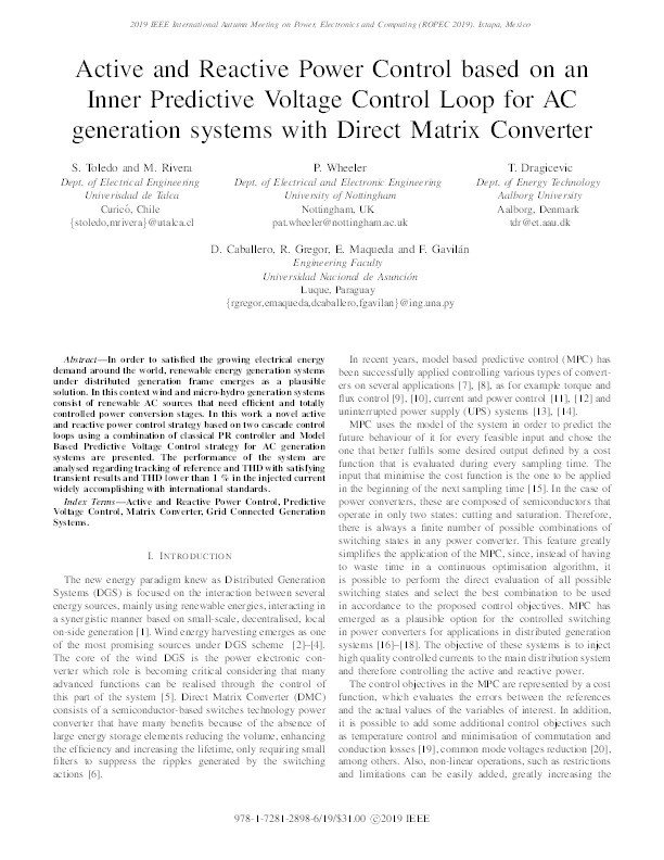 Active and Reactive Power Control based on an Inner Predictive Voltage Control Loop for AC generation systems with Direct Matrix Converter Thumbnail