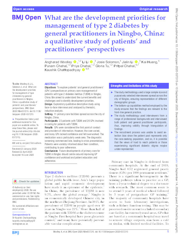 What are the development priorities for management of type 2 diabetes by general practitioners in Ningbo, China: a qualitative study of patients’ and practitioners’ perspectives Thumbnail