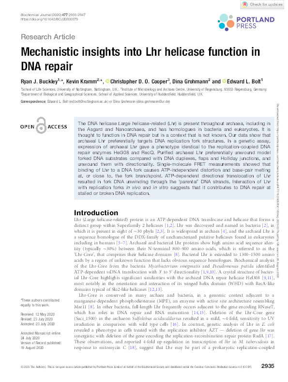 Mechanistic insights into Lhr helicase function in DNA repair Thumbnail