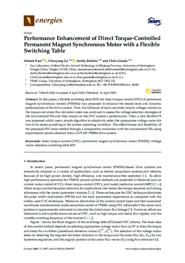 Performance Enhancement of Direct Torque-Controlled Permanent Magnet Synchronous Motor with a Flexible Switching Table Thumbnail