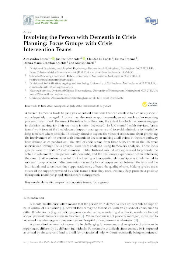 Involving the person with dementia in crisis planning: Focus groups with crisis intervention teams Thumbnail