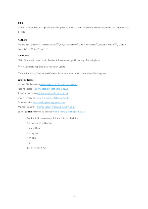 Individual responses to topical ibuprofen gel or capsaicin cream for painful knee osteoarthritis: a series of n-of-1 trials Thumbnail