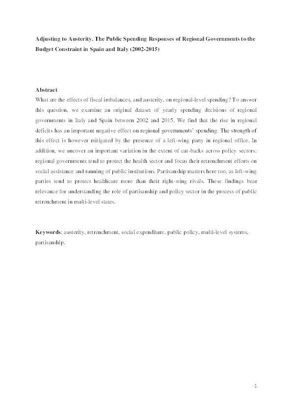 Adjusting to austerity: the public spending responses of regional governments to the budget constraint in Spain and Italy Thumbnail