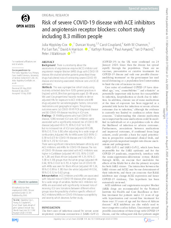 Risk of severe COVID-19 disease with ACE inhibitors and angiotensin receptor blockers: cohort study including 8.3 million people Thumbnail