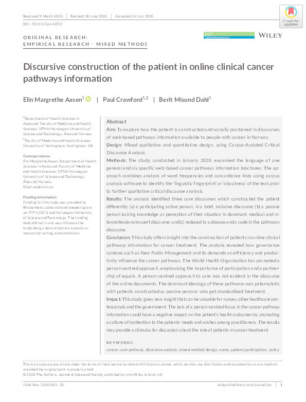Discursive construction of the patient in online clinical cancer pathways information Thumbnail