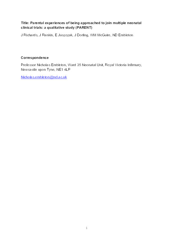 Parental experiences of being approached to join multiple neonatal clinical trials: qualitative study (PARENT) Thumbnail