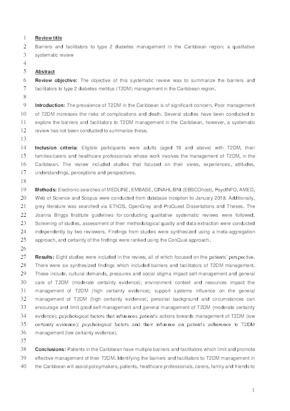 Barriers and facilitators to type 2 diabetes management in the Caribbean region: a qualitative systematic review Thumbnail