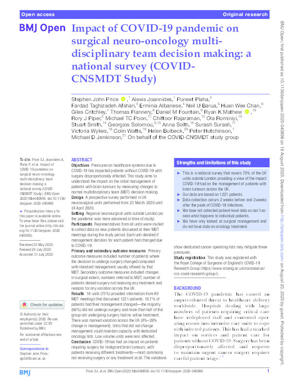 Impact of COVID-19 Pandemic on Surgical Neuro-oncology Multi-Disciplinary Team Decision Making – A National Survey (COVID-CNSMDT Study) Thumbnail