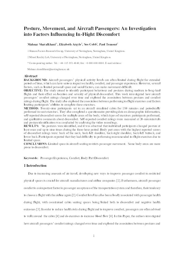 Posture, movement, and aircraft passengers: An investigation into factors influencing in-flight discomfort Thumbnail