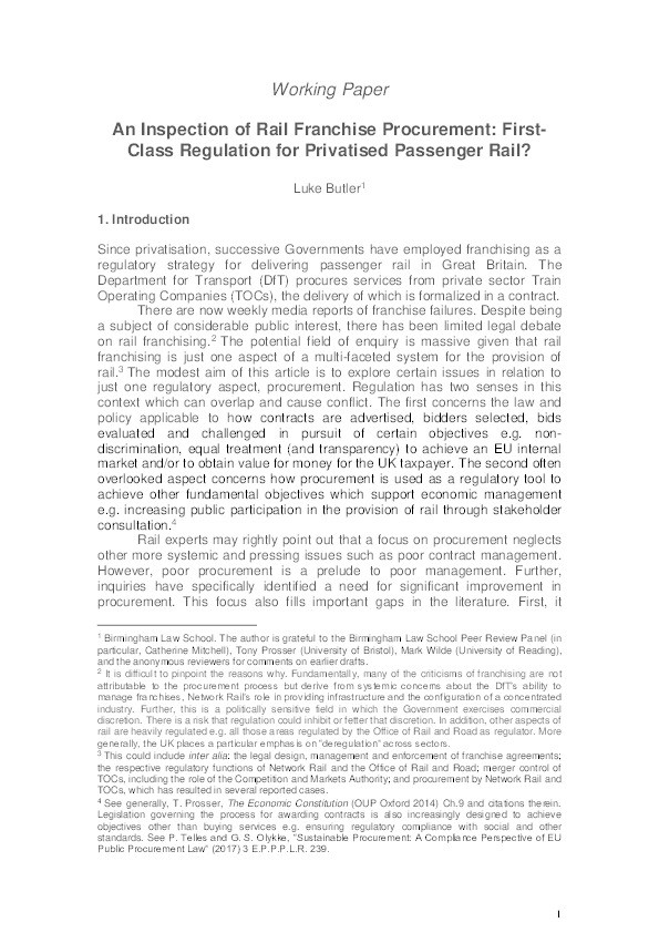 An inspection of rail franchise procurement: first-class regulation for privatised passenger rail? Thumbnail