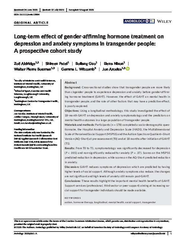 Long term effect of gender affirming hormone treatment on depression and anxiety symptoms in transgender people: a prospective cohort study Thumbnail