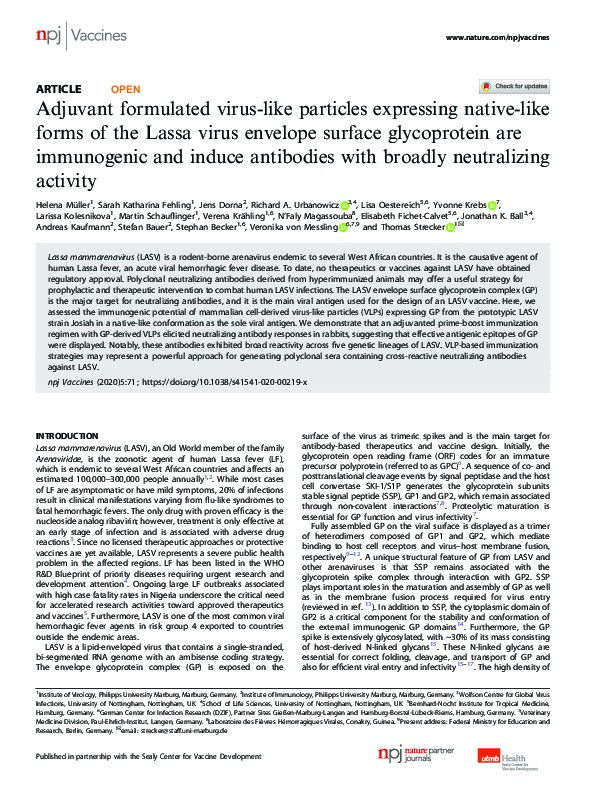 Adjuvant formulated virus-like particles expressing native-like forms of the Lassa virus envelope surface glycoprotein are immunogenic and induce antibodies with broadly neutralizing activity Thumbnail