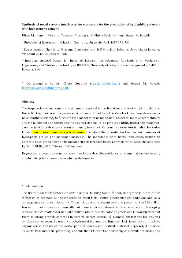 Synthesis of novel carvone (meth)acrylate monomers for the production of hydrophilic polymers with high terpene content Thumbnail