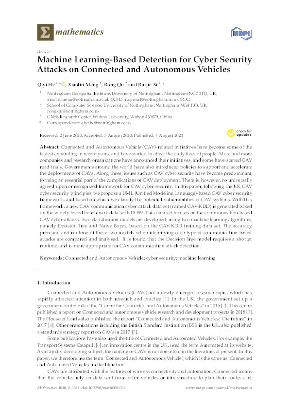 Machine Learning-Based Detection for Cyber Security Attacks on Connected and Autonomous Vehicles Thumbnail